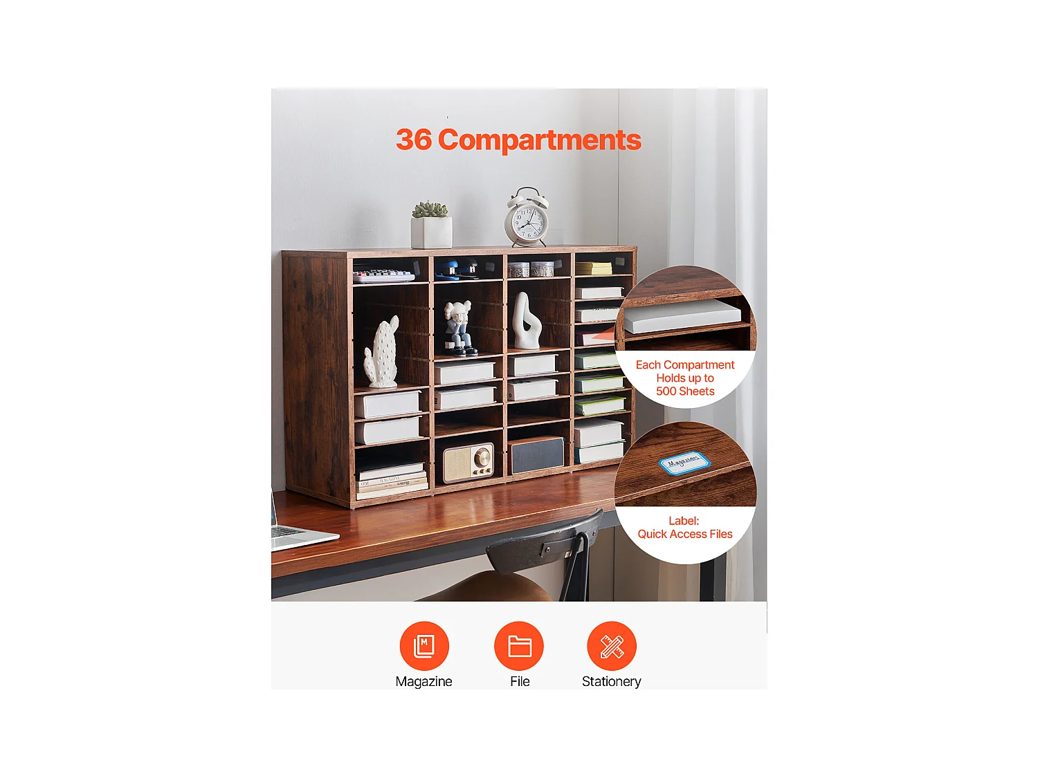 Organiseur de Bureau, SucceBuy Wood - Organiseur de Littérature à 36 Compartiments, Étagères Amovibles, Marron Foncé