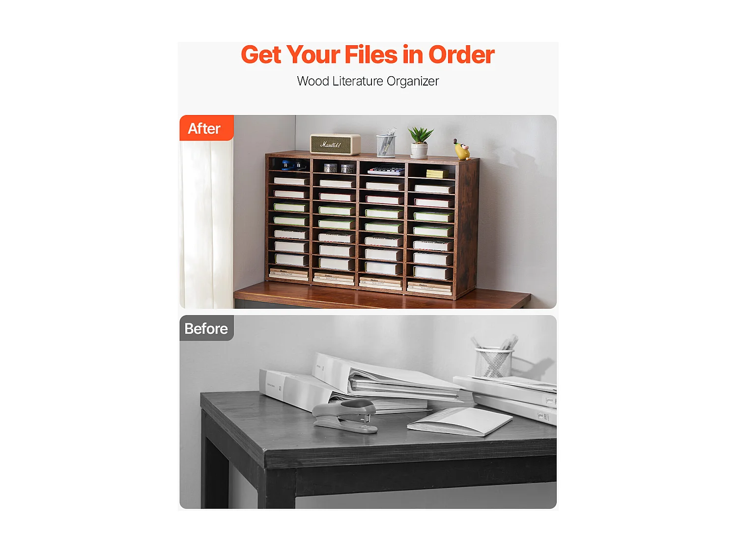 Organiseur de Bureau, SucceBuy Wood - Organiseur de Littérature à 36 Compartiments, Étagères Amovibles, Marron Foncé