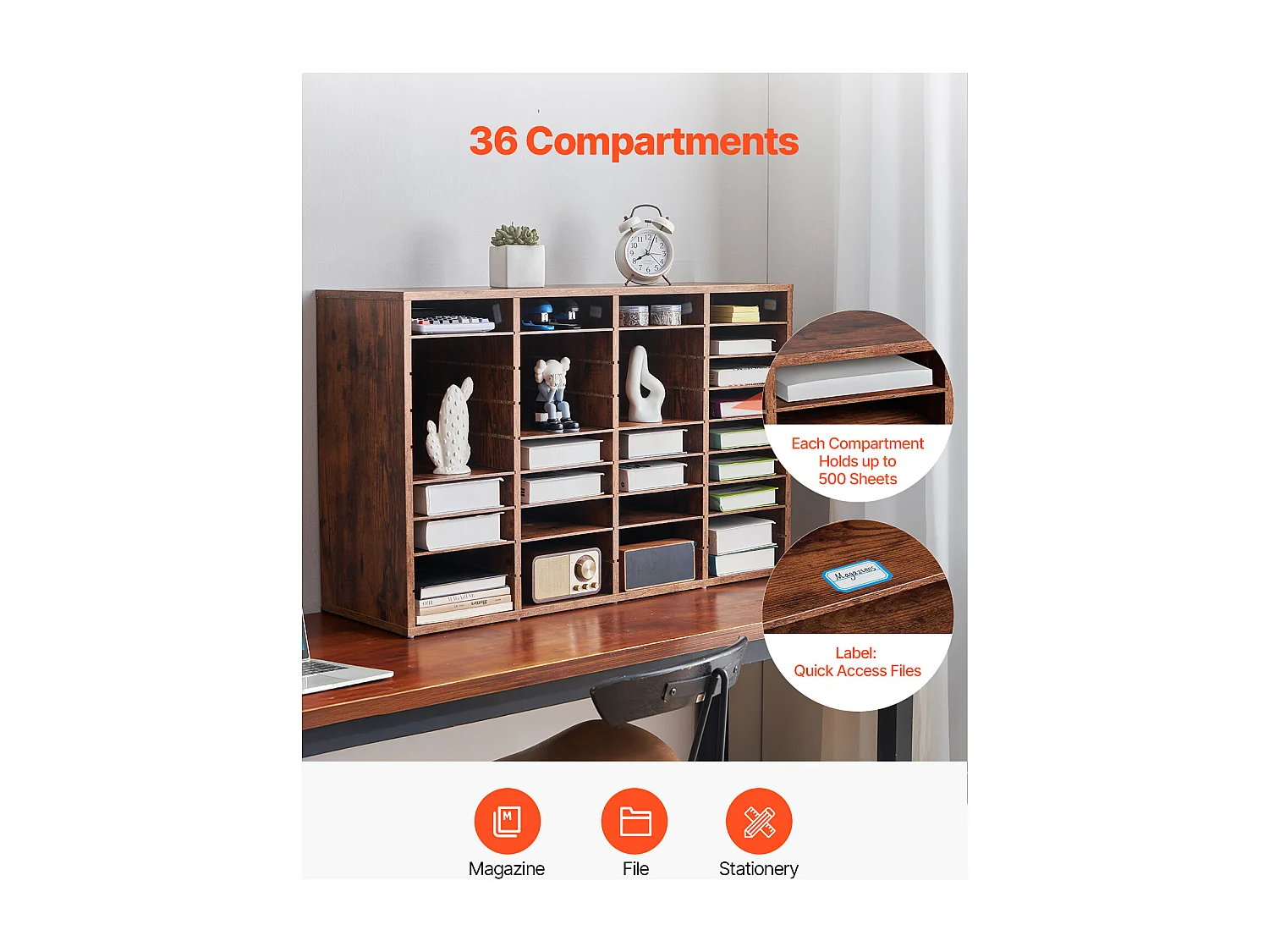 Organiseur de Bureau, SucceBuy Wood - Organiseur de Littérature à 36 Compartiments, Étagères Amovibles, Marron Foncé