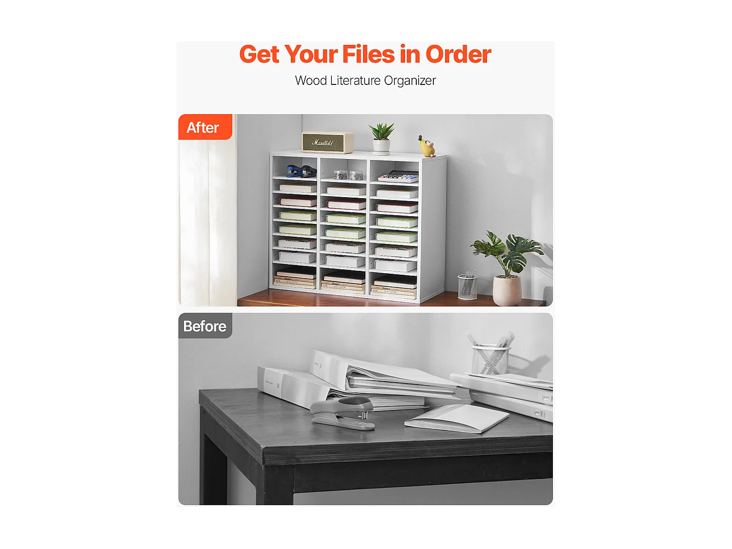 Organiseur de Bureau, SucceBuy Organiseur de Littérature en Bois - 24 Compartiments, Étages Réglables, Blanc