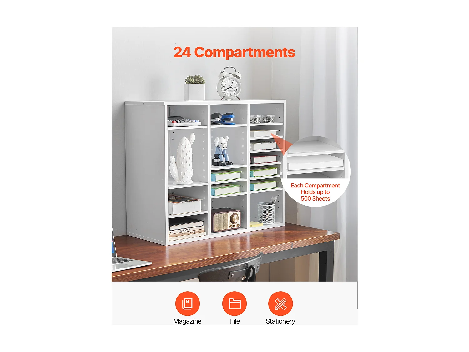 Organiseur de Bureau, SucceBuy Organiseur de Littérature en Bois - 24 Compartiments, Étages Réglables, Blanc