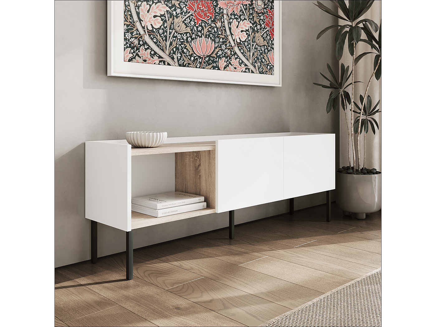 Meuble TV Avec LED RGB Et Télécommande  25 Couleurs  Sideboard, 147 Cm Banc Tele Pour Televiseurs Jusqua 65 2 Espace De Rangement Ouvert Pour Salon Chambre Blanc 92119700