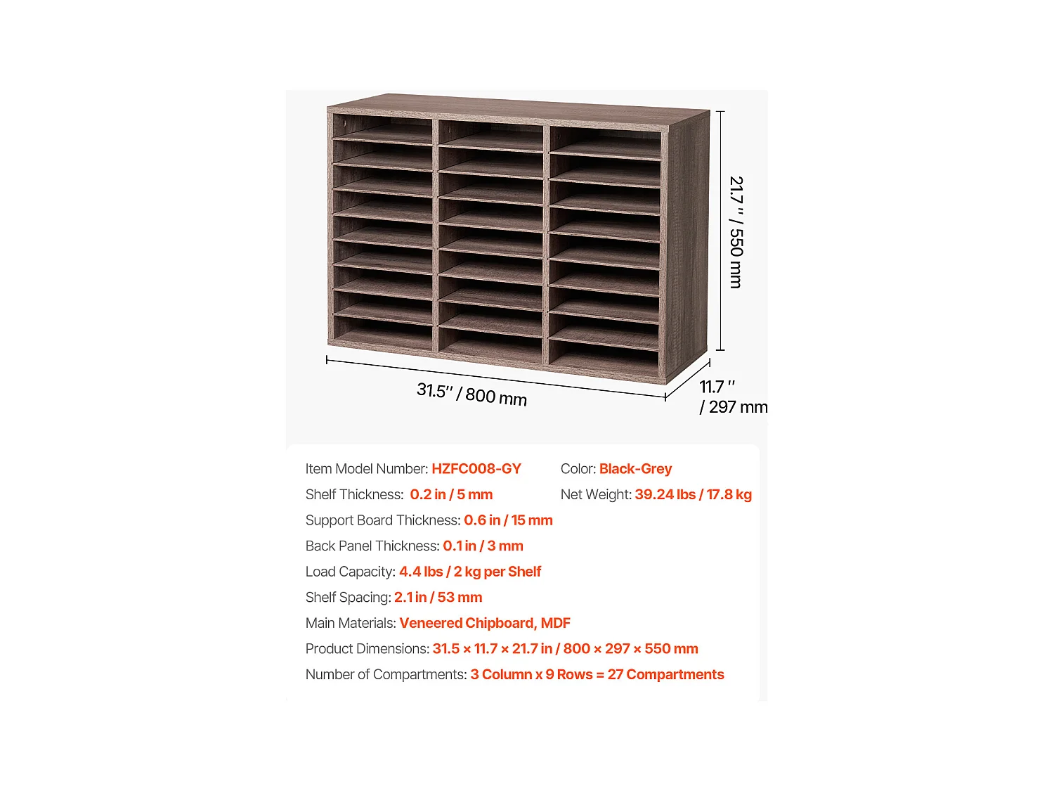 Organizador de Escritorio SucceBuy de Madera con 27 Compartimentos y Estantes Extraíbles, Color Negro y Gris