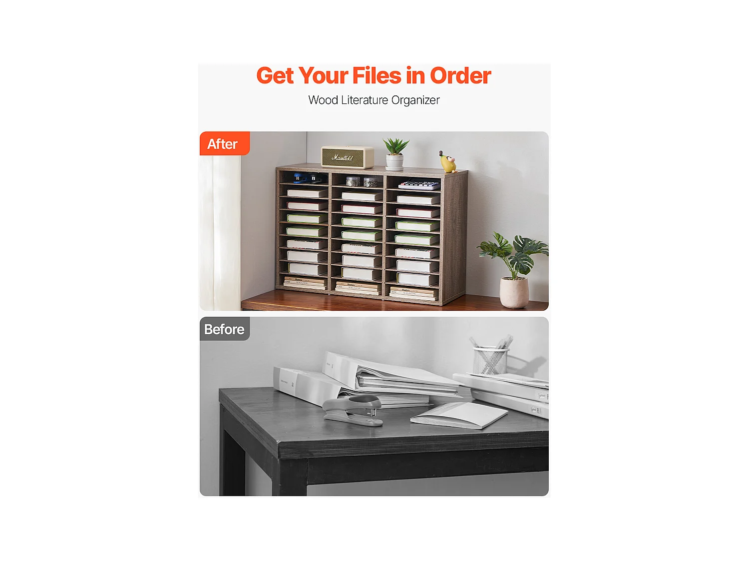 Organizador de Escritorio SucceBuy de Madera con 27 Compartimentos y Estantes Extraíbles, Color Negro y Gris