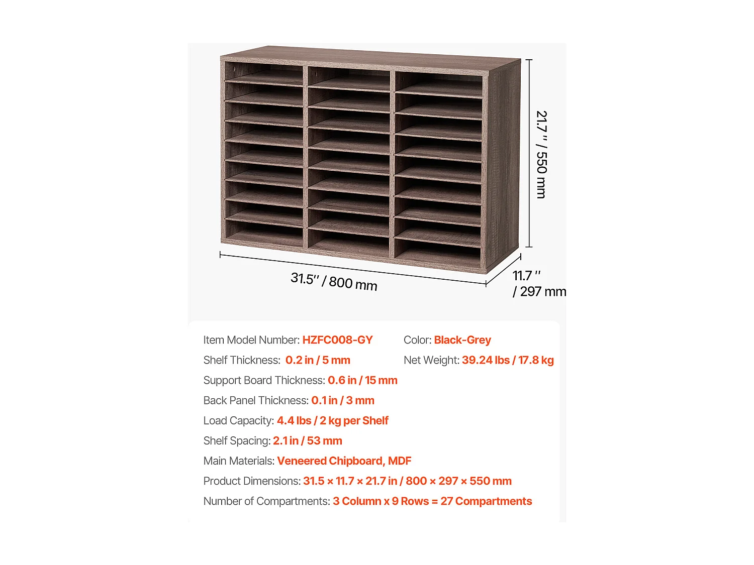 Organiseur de Bureau, SucceBuy Organiseur de Livres en Bois à 27 Compartiments, Étagères Amovibles, Noir - Gris
