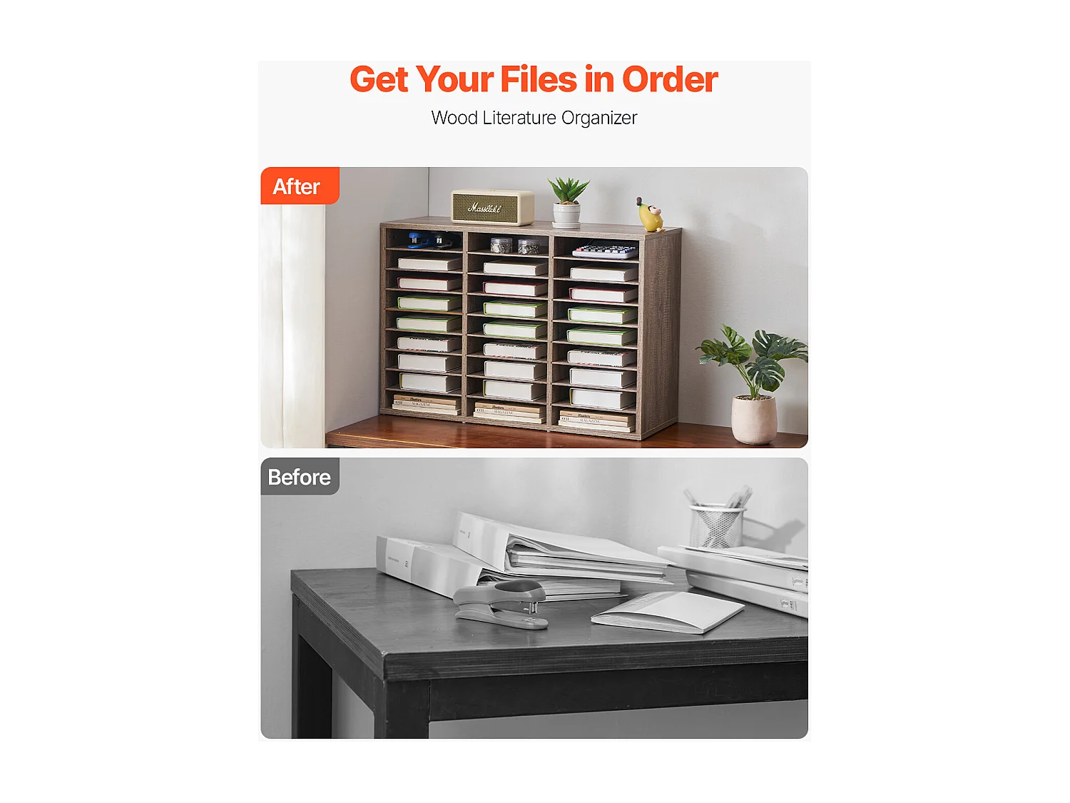 Organiseur de Bureau, SucceBuy Organiseur de Livres en Bois à 27 Compartiments, Étagères Amovibles, Noir - Gris