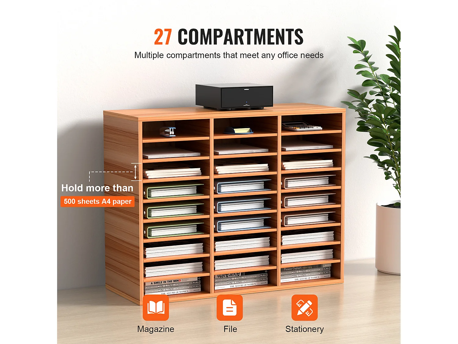 Organiseur de Bureau, SucceBuy Organiseur de Littérature en Bois 27 Compartiments Blanc