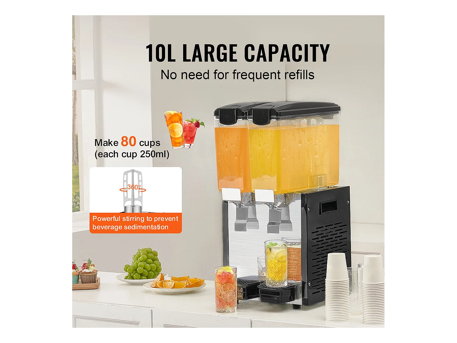 Commerciële Drankendispenser SucceBuy 10 L x 2 Reservoirs, Dispenser voor Ijskoude Dranken en Sappen