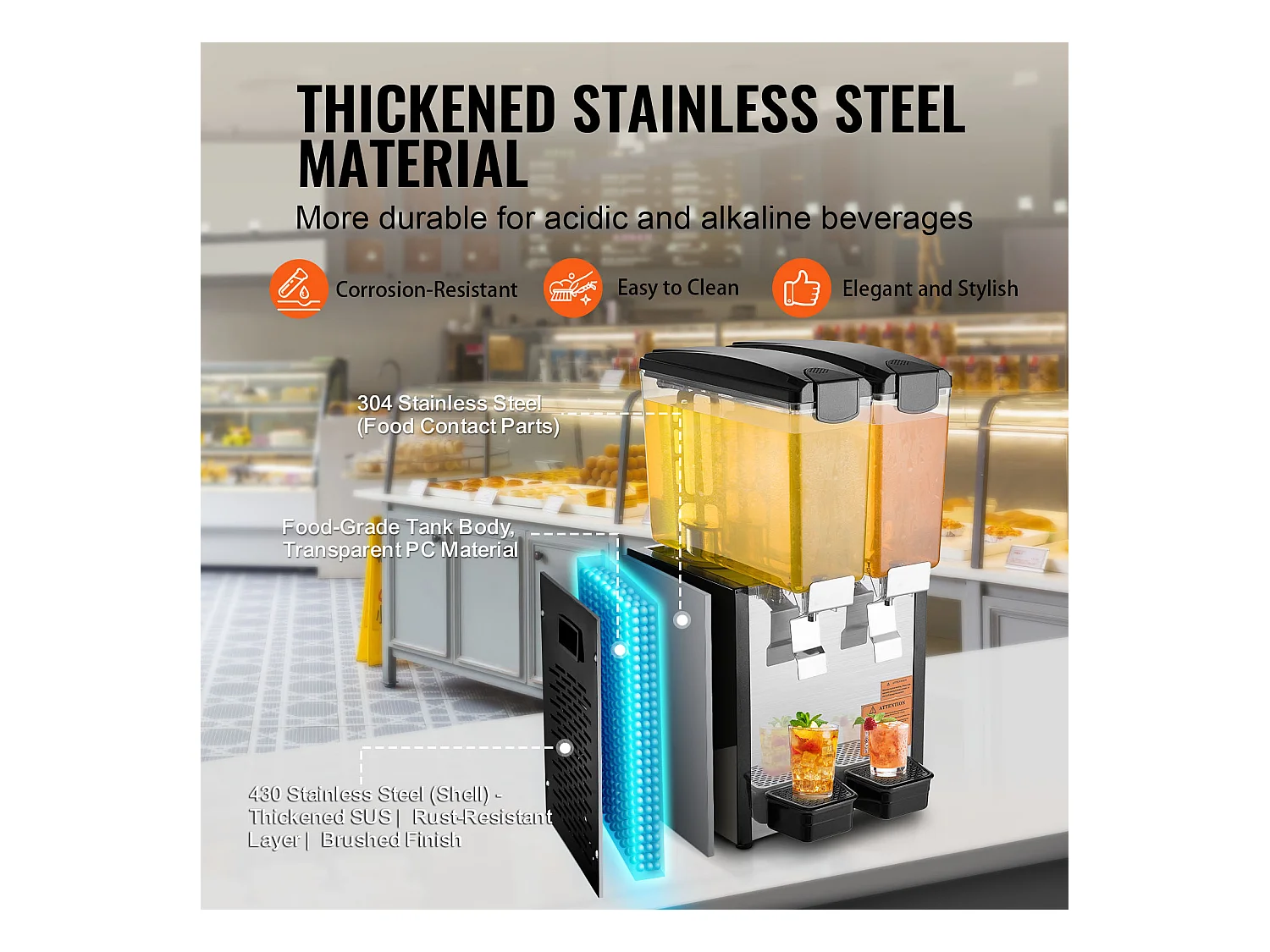 Commerciële Drankendispenser SucceBuy 10 L x 2 Reservoirs, Dispenser voor Ijskoude Dranken en Sappen