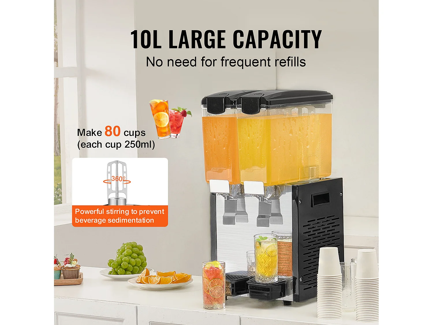 Distributeur de Boissons Commerciales SucceBuy 10 L x 2 Réservoirs, Distributeur de Boissons Glacées et de Jus Froids