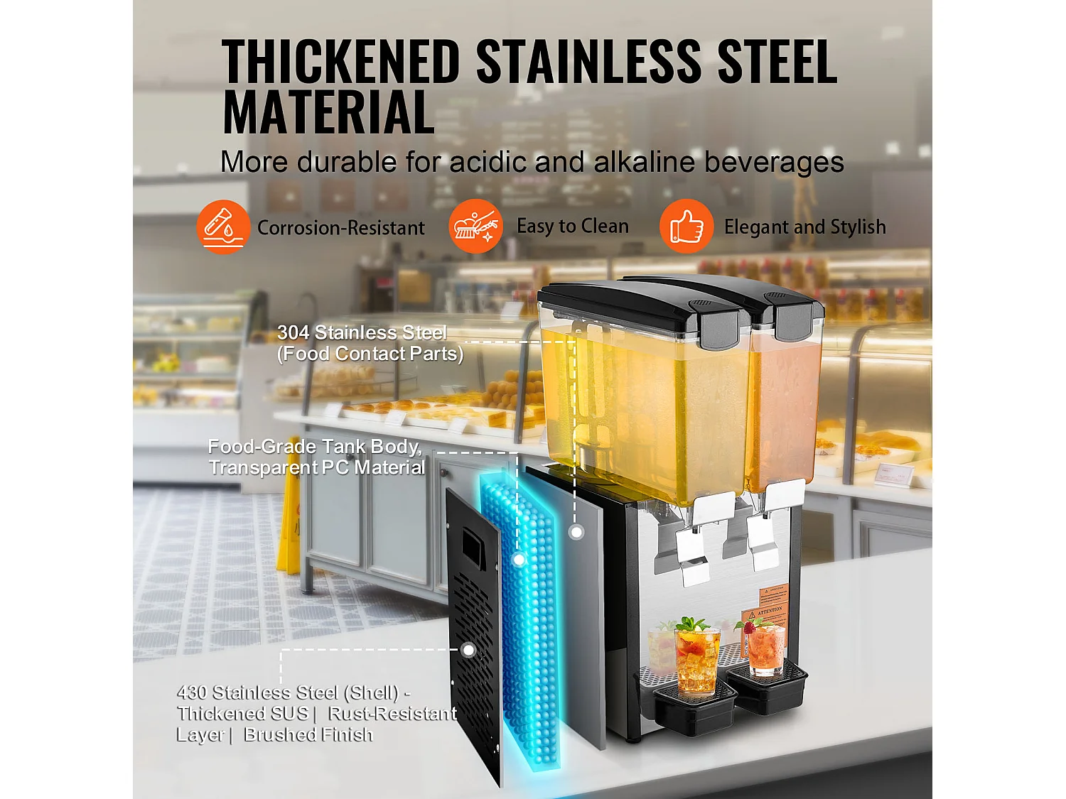 Distributeur de Boissons Commerciales SucceBuy 10 L x 2 Réservoirs, Distributeur de Boissons Glacées et de Jus Froids