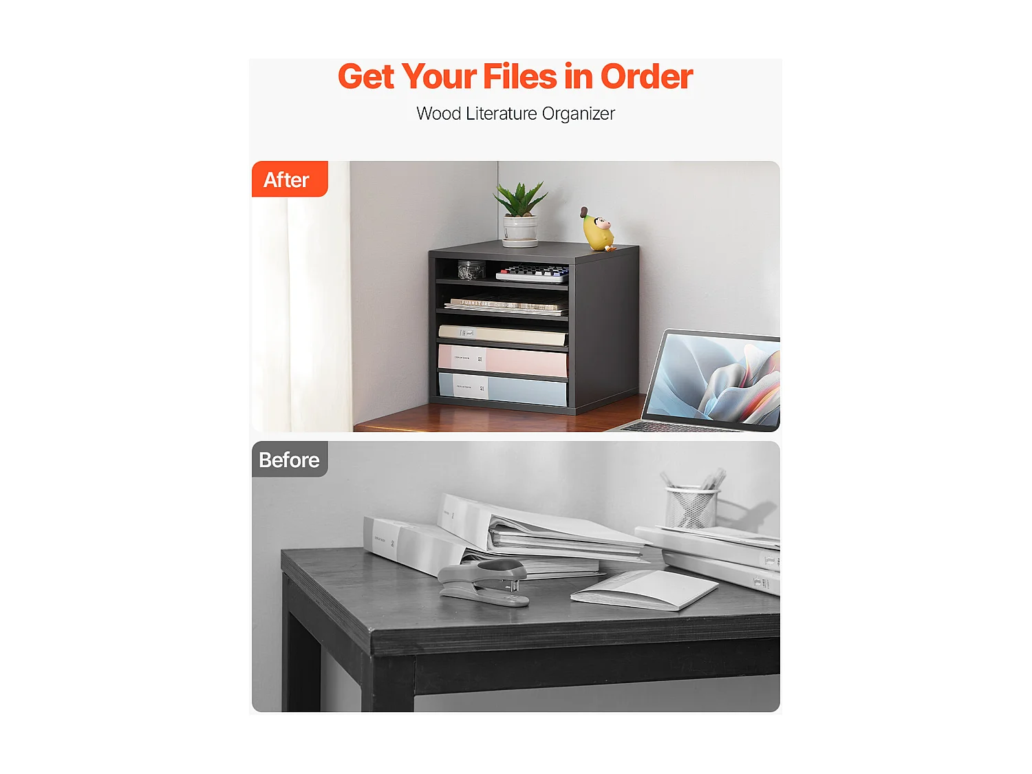 Organiseur de Bureau, SucceBuy Organiseur de Documents en Bois, 5 Compartiments, Étagères Réglables, Gris