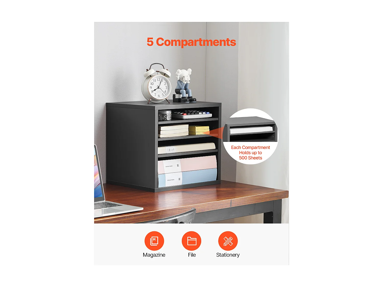 Organiseur de Bureau, SucceBuy Organiseur de Documents en Bois, 5 Compartiments, Étagères Réglables, Gris