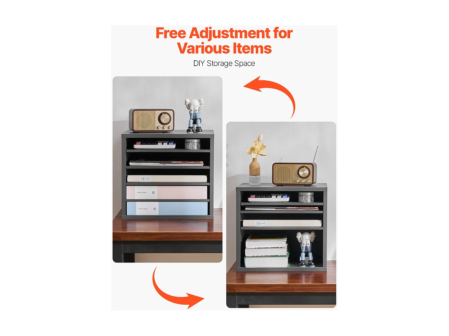 Organiseur de Bureau, SucceBuy Organiseur de Documents en Bois, 5 Compartiments, Étagères Réglables, Gris