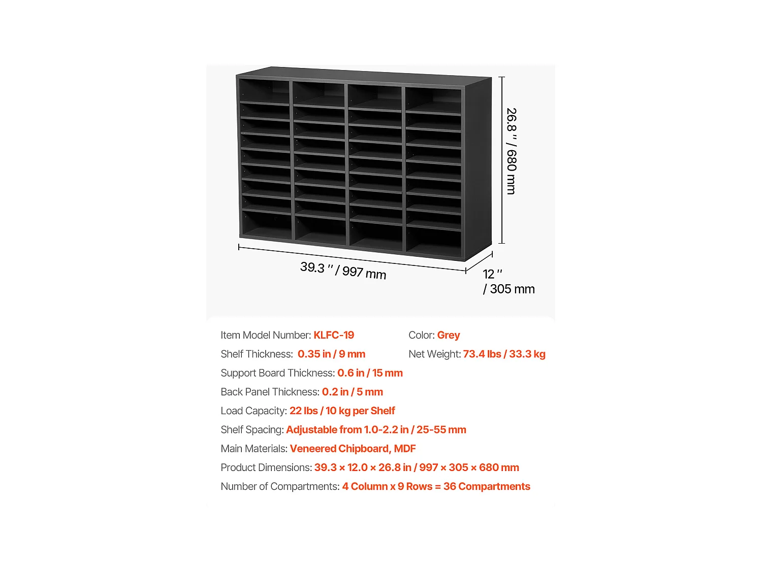 Organiseur de Bureau, SucceBuy Organiseur de Littérature en Bois - 36 Compartiments, Étagères Réglables, Gris