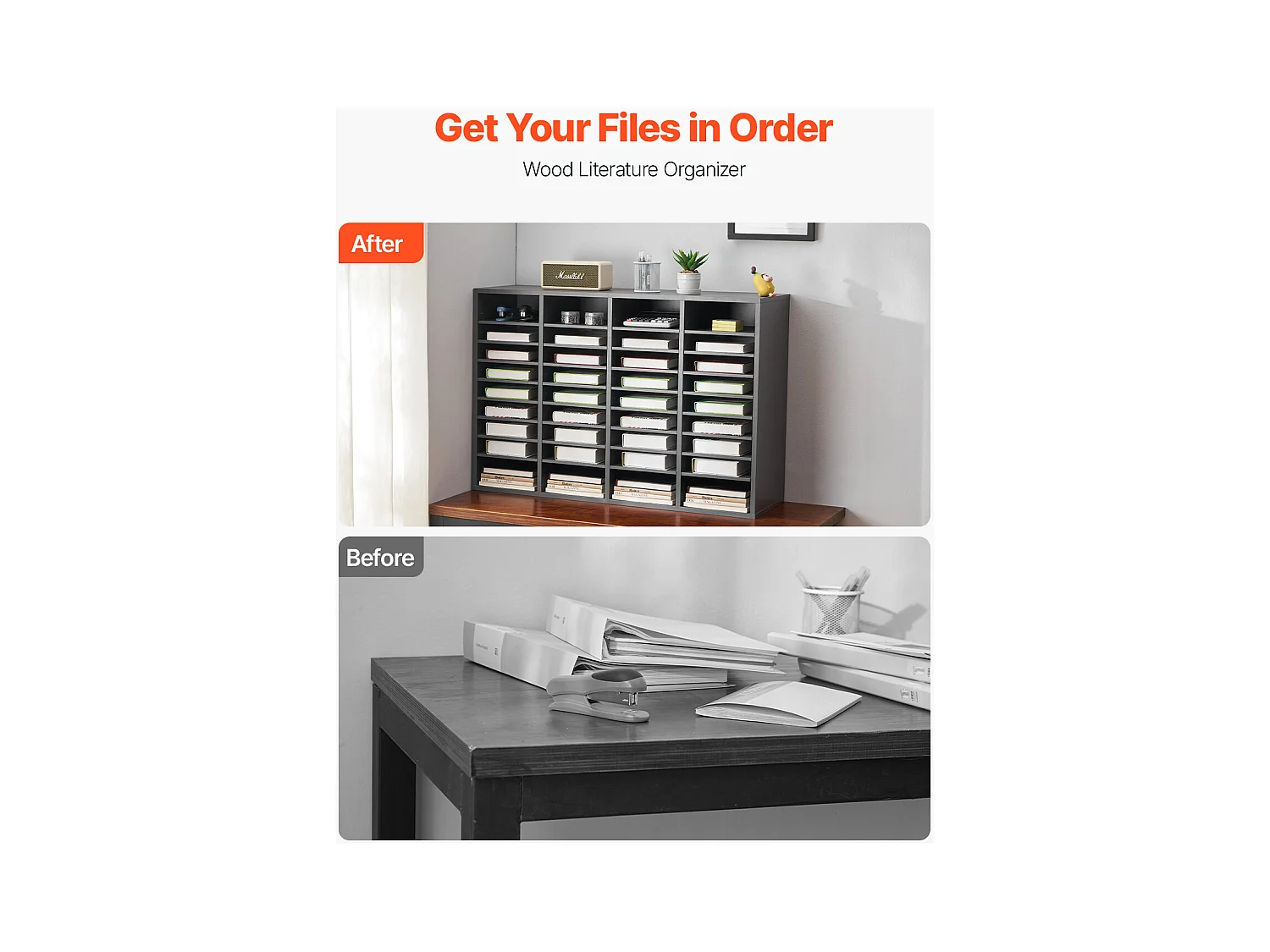 Organiseur de Bureau, SucceBuy Organiseur de Littérature en Bois - 36 Compartiments, Étagères Réglables, Gris