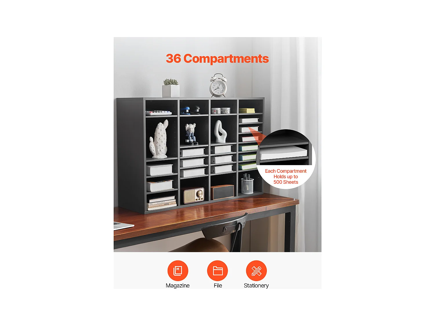 Organiseur de Bureau, SucceBuy Organiseur de Littérature en Bois - 36 Compartiments, Étagères Réglables, Gris