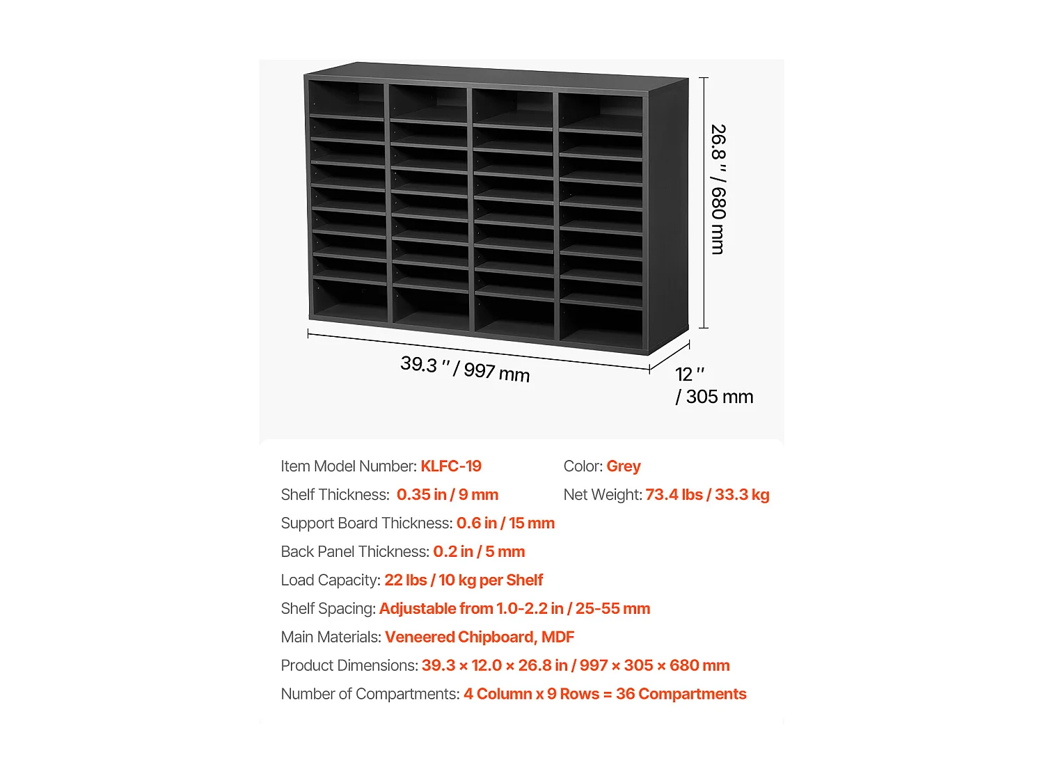 Organiseur de Bureau, SucceBuy Organiseur de Littérature en Bois - 36 Compartiments, Étagères Réglables, Gris