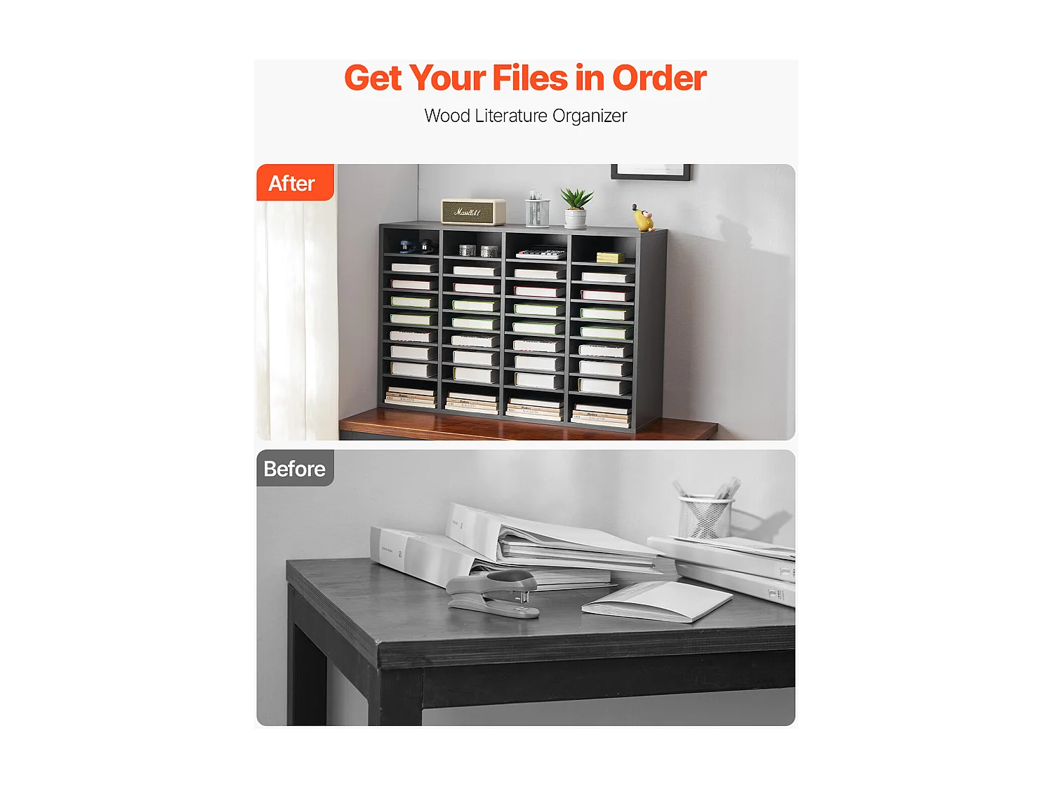 Organiseur de Bureau, SucceBuy Organiseur de Littérature en Bois - 36 Compartiments, Étagères Réglables, Gris