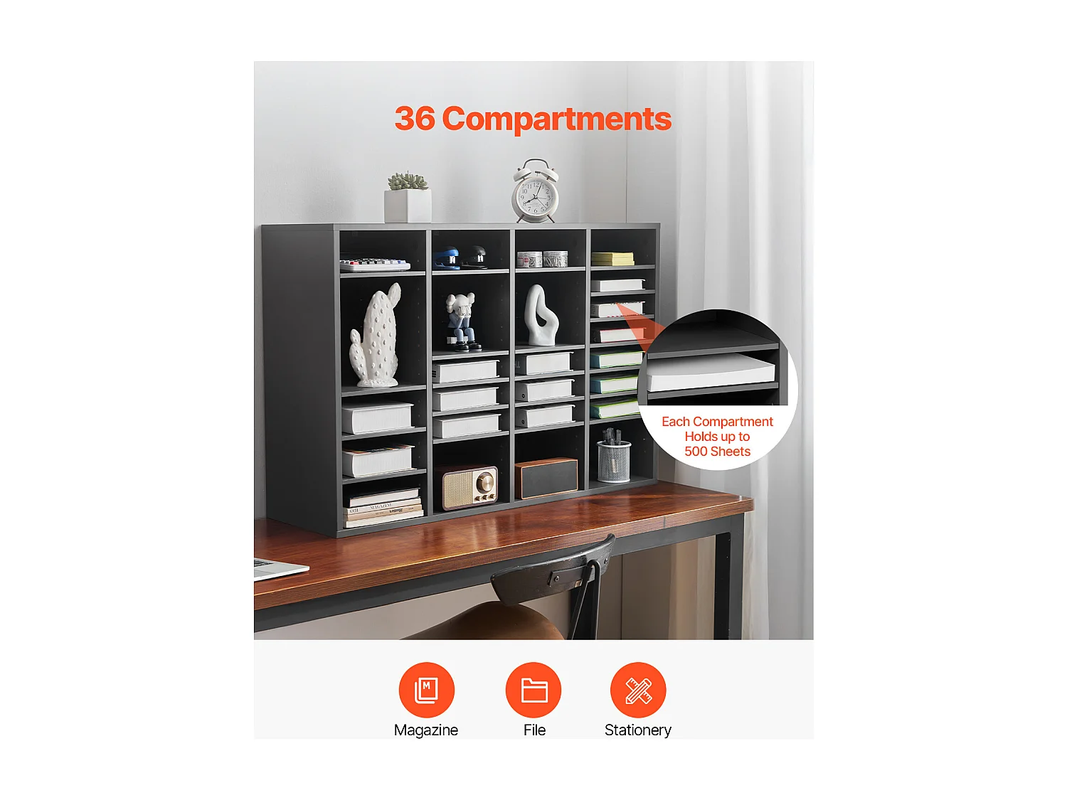 Organiseur de Bureau, SucceBuy Organiseur de Littérature en Bois - 36 Compartiments, Étagères Réglables, Gris