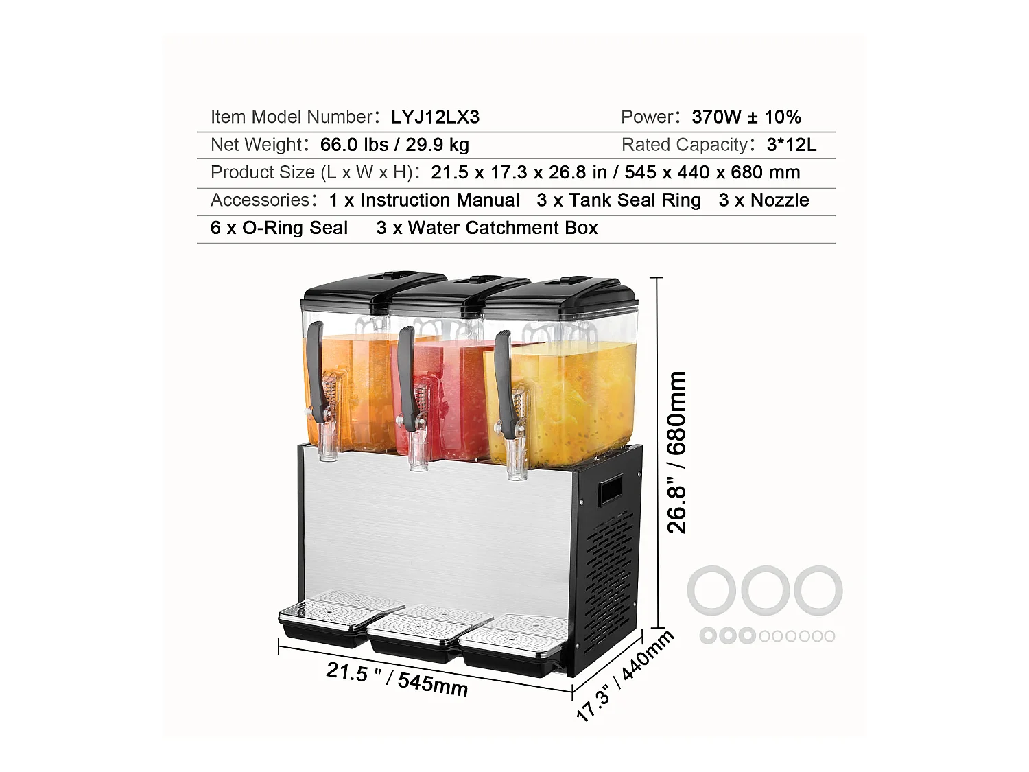 Distributeur de Boissons Commerciales SucceBuy 12 L x 3 Réservoirs, Distributeur de Boissons Glacées et de Jus Froids