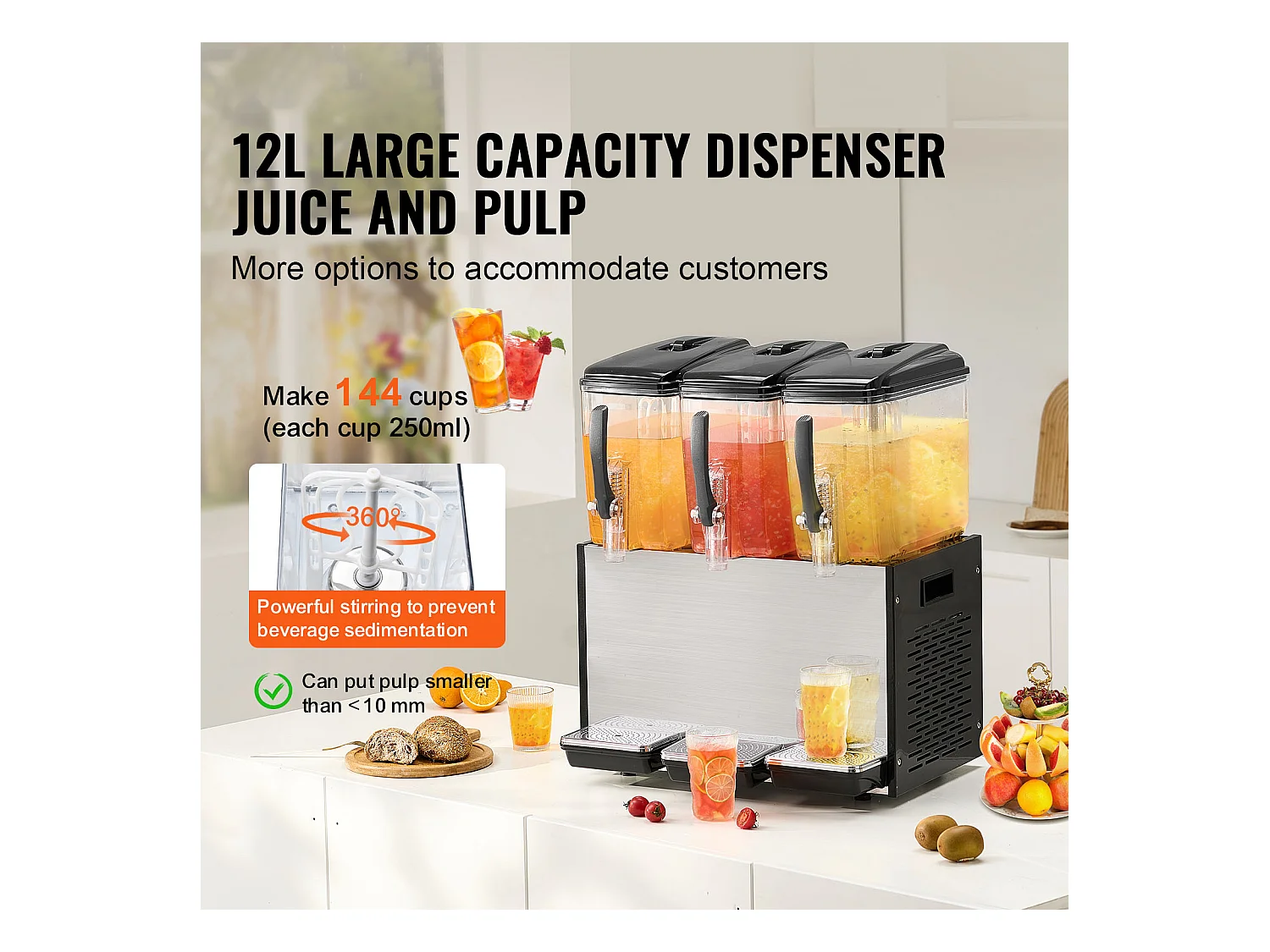 Distributeur de Boissons Commerciales SucceBuy 12 L x 3 Réservoirs, Distributeur de Boissons Glacées et de Jus Froids