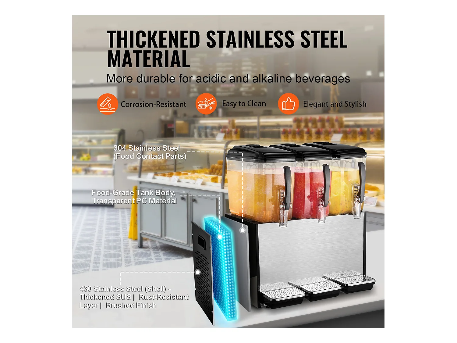 Distributeur de Boissons Commerciales SucceBuy 12 L x 3 Réservoirs, Distributeur de Boissons Glacées et de Jus Froids