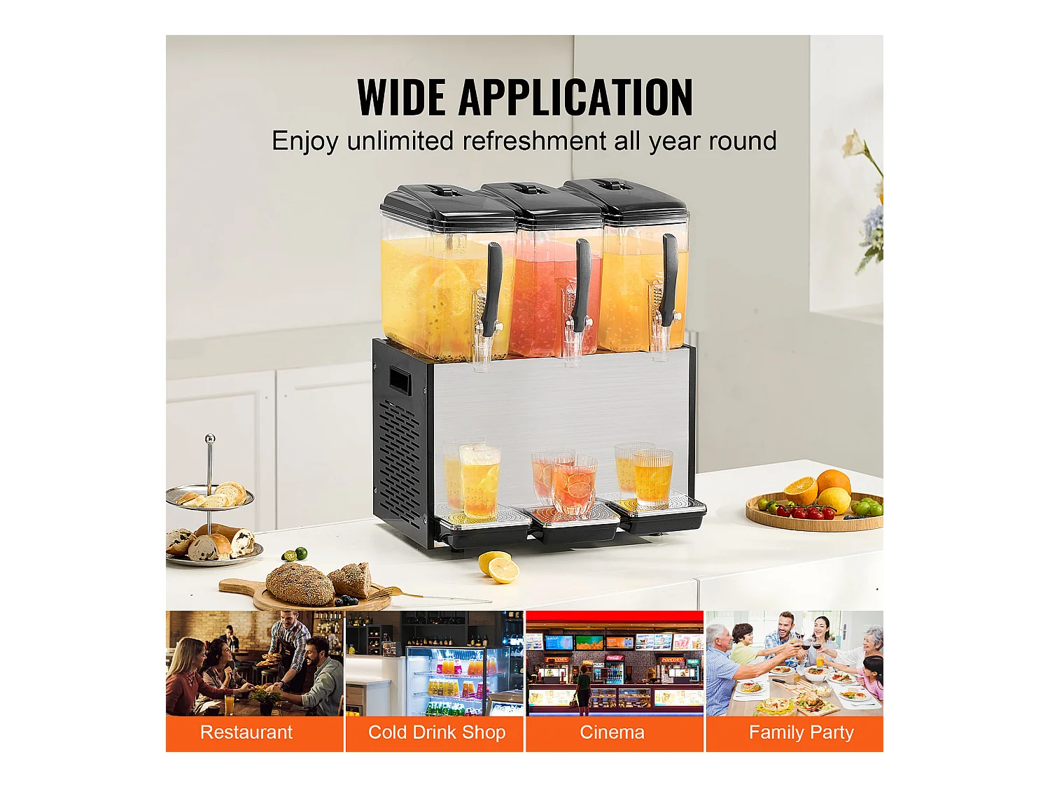 Distributeur de Boissons Commerciales SucceBuy 12 L x 3 Réservoirs, Distributeur de Boissons Glacées et de Jus Froids