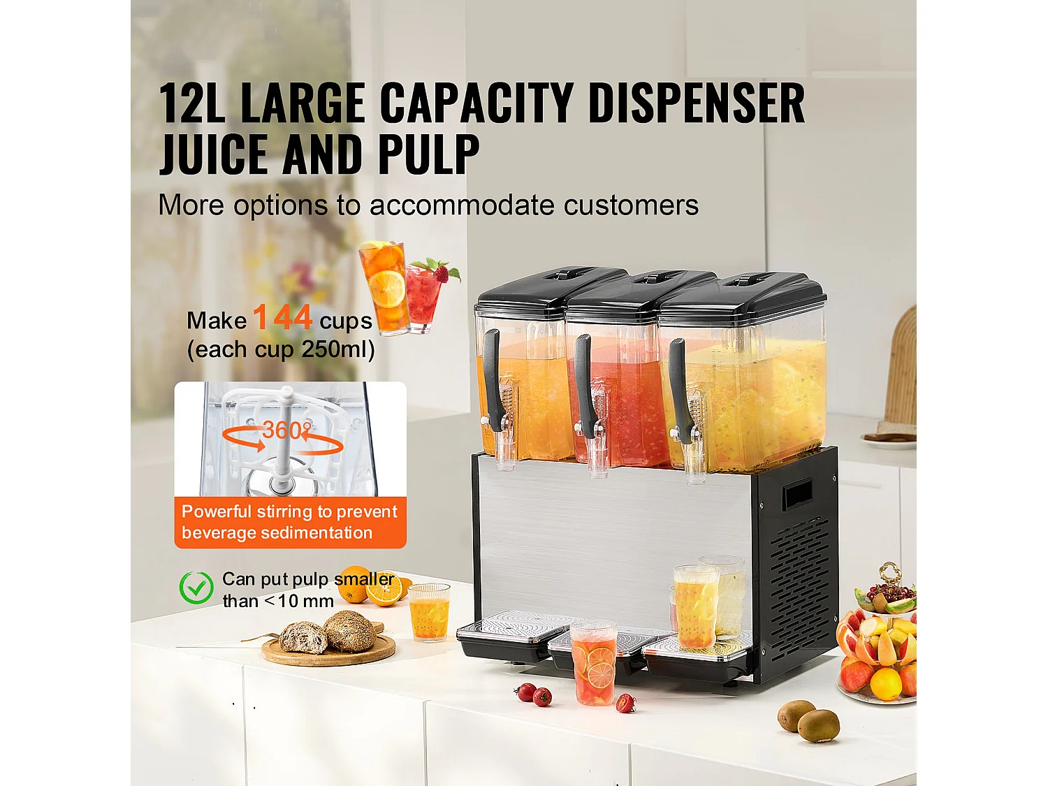 Distributeur de Boissons Commerciales SucceBuy 12 L x 3 Réservoirs, Distributeur de Boissons Glacées et de Jus Froids