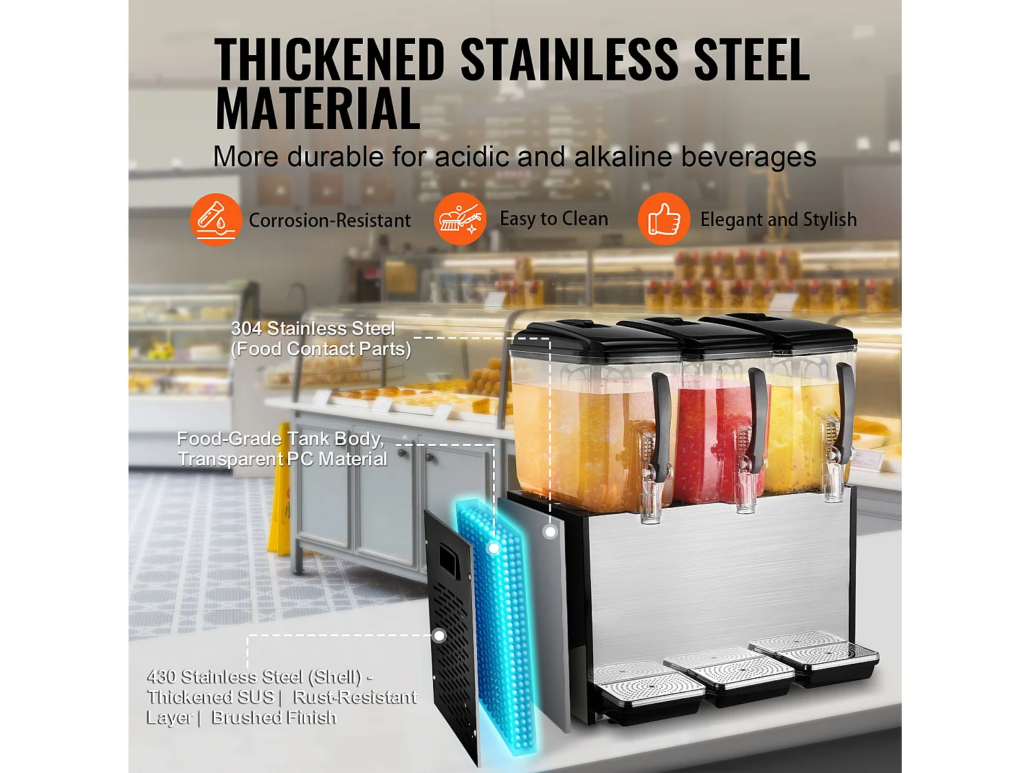 Distributeur de Boissons Commerciales SucceBuy 12 L x 3 Réservoirs, Distributeur de Boissons Glacées et de Jus Froids