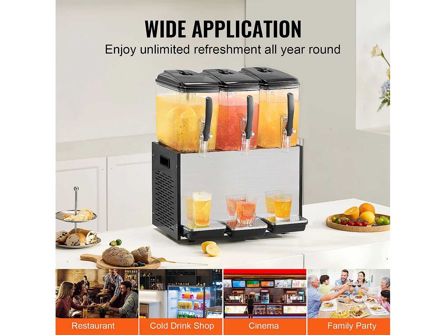 Distributeur de Boissons Commerciales SucceBuy 12 L x 3 Réservoirs, Distributeur de Boissons Glacées et de Jus Froids