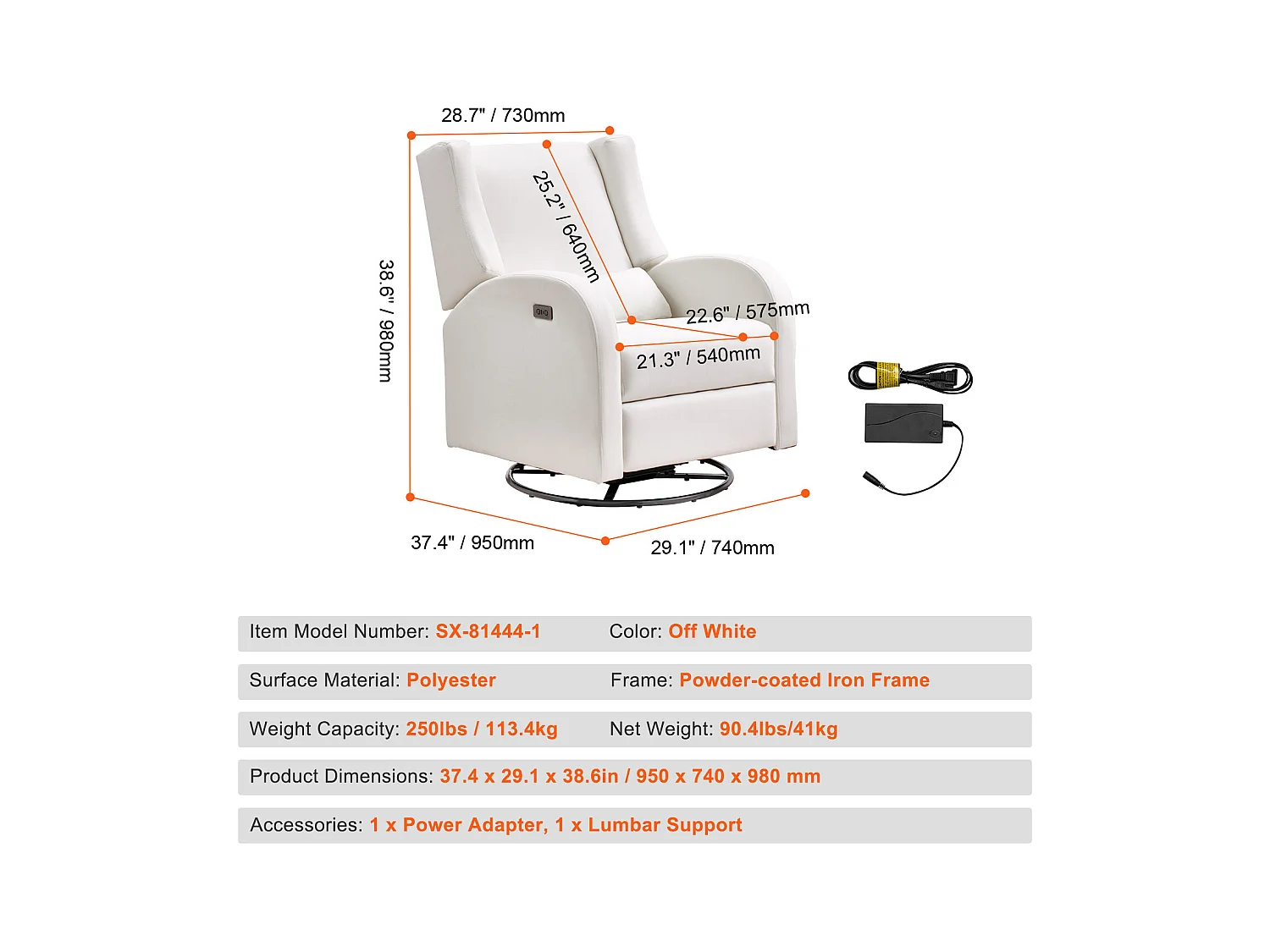 Fauteuil-Massant Inclinable et Pivotant électrique SucceBuy à Angle Réglable, Blanc Cassé