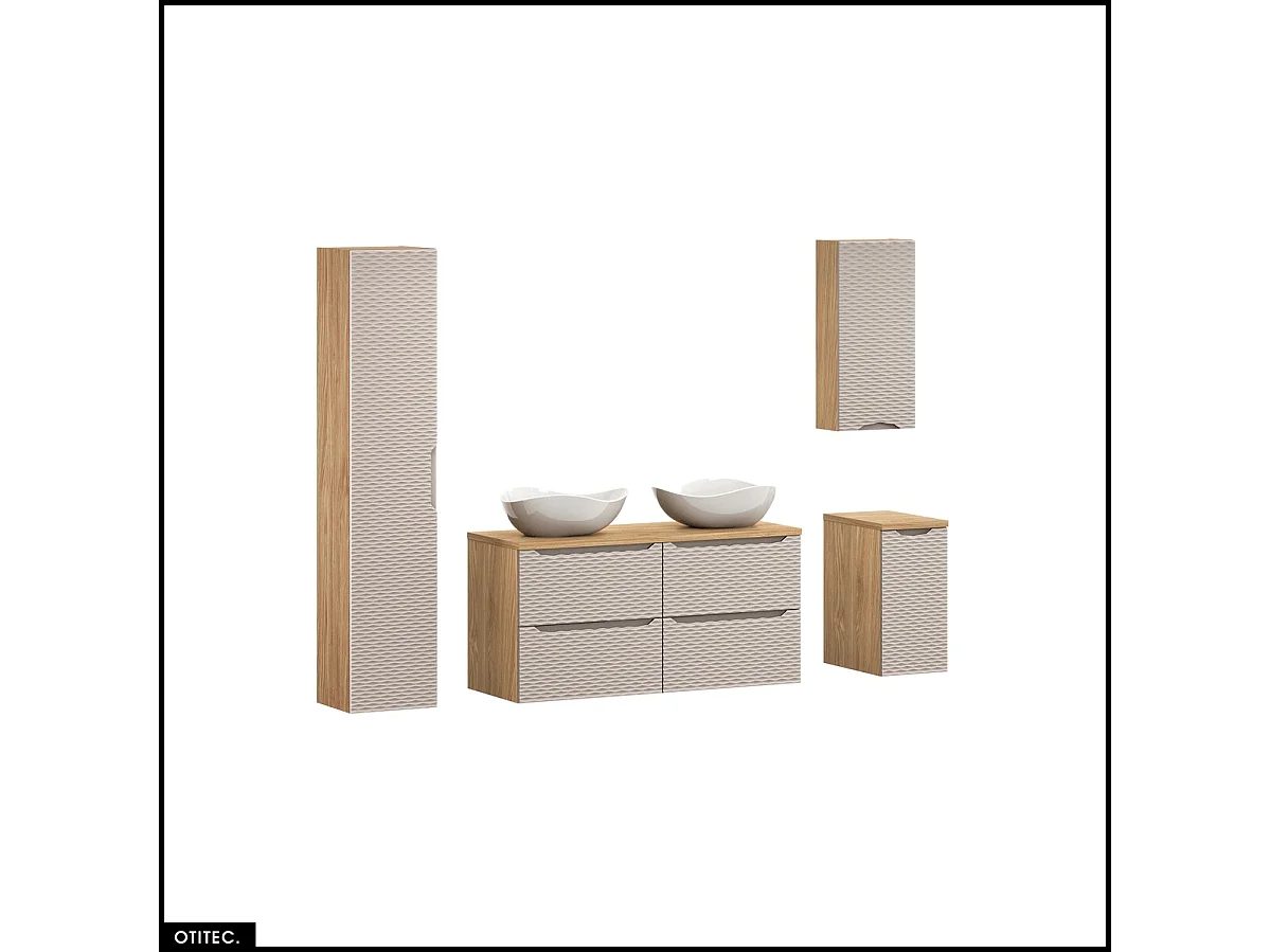 Ensemble de meubles de salle de bain - 120 cm - avec plan - avec 2 vasques à poser - avec colonne et Meubles - 4 tiroirs - SEA BEIGE