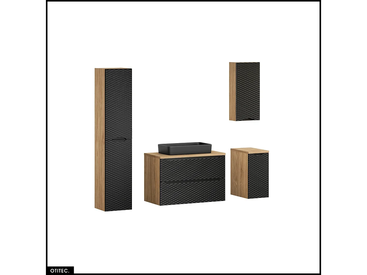 Ensemble de meubles de salle de bain - 90 cm - avec plan - avec vasque à poser - avec colonne et Meubles - 2 tiroirs - SEA BLACK