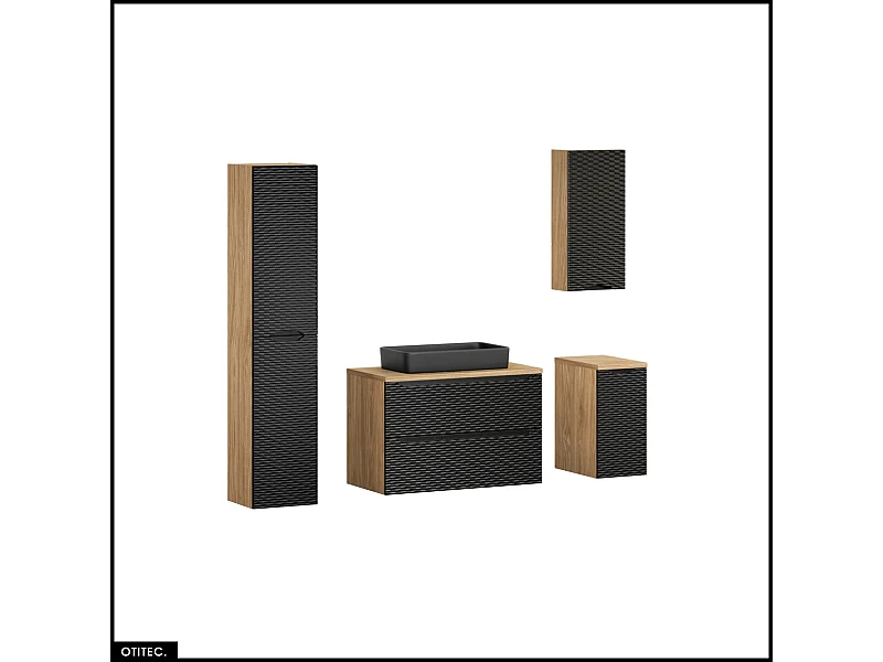 Ensemble de meubles de salle de bain - 90 cm - avec plan - avec vasque à poser - avec colonne et Meubles - 2 tiroirs - SEA BLACK