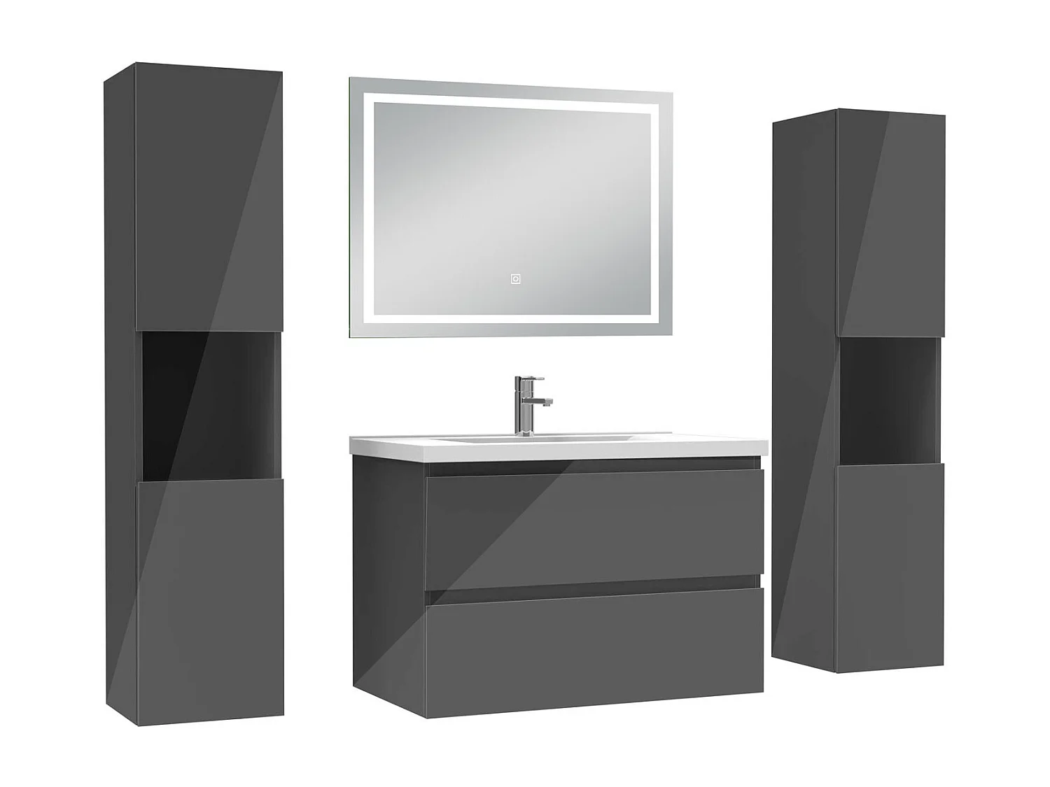 AICA Ensemble meubles salle de bain anthracite 80cm avec vasque+miroir lumineux LED+double colonne