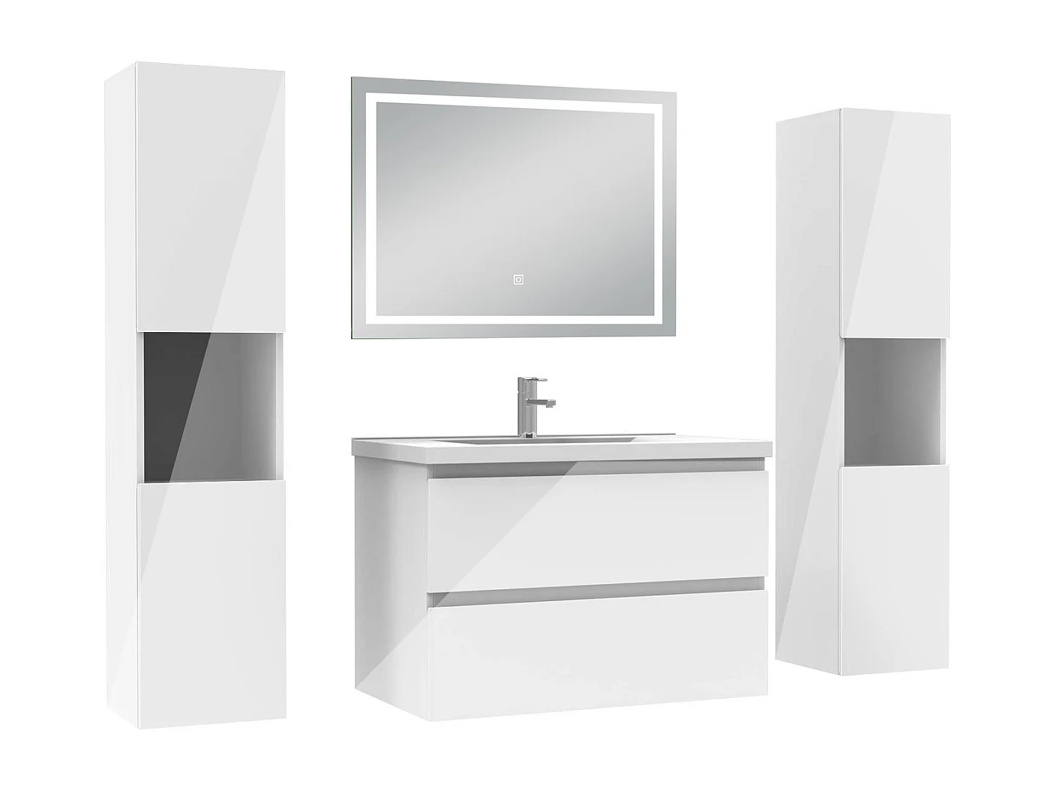 AICA Ensemble meubles salle de bain blanc 80cm avec vasque+miroir lumineux LED+double colonne