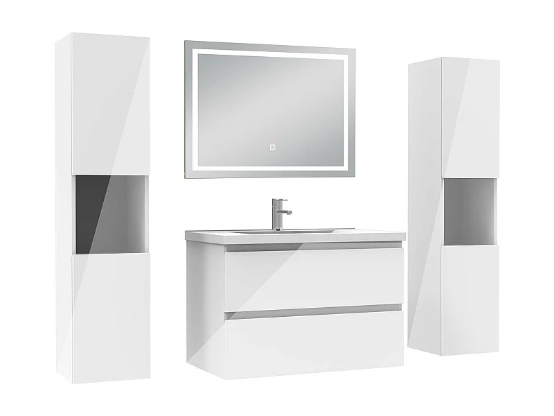 AICA Ensemble meubles salle de bain blanc 80cm avec vasque+miroir lumineux LED+double colonne