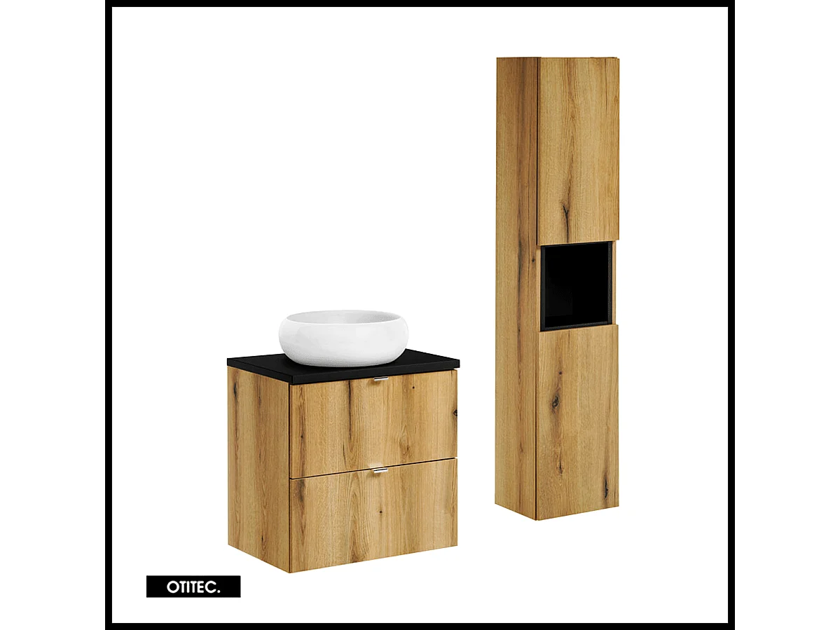 Ensemble de meuble de salle de bain - 60 cm - Noir/Oak - avec vasque à poser - avec plan - avec colonne - 2 tiroirs - VOLTA Oak