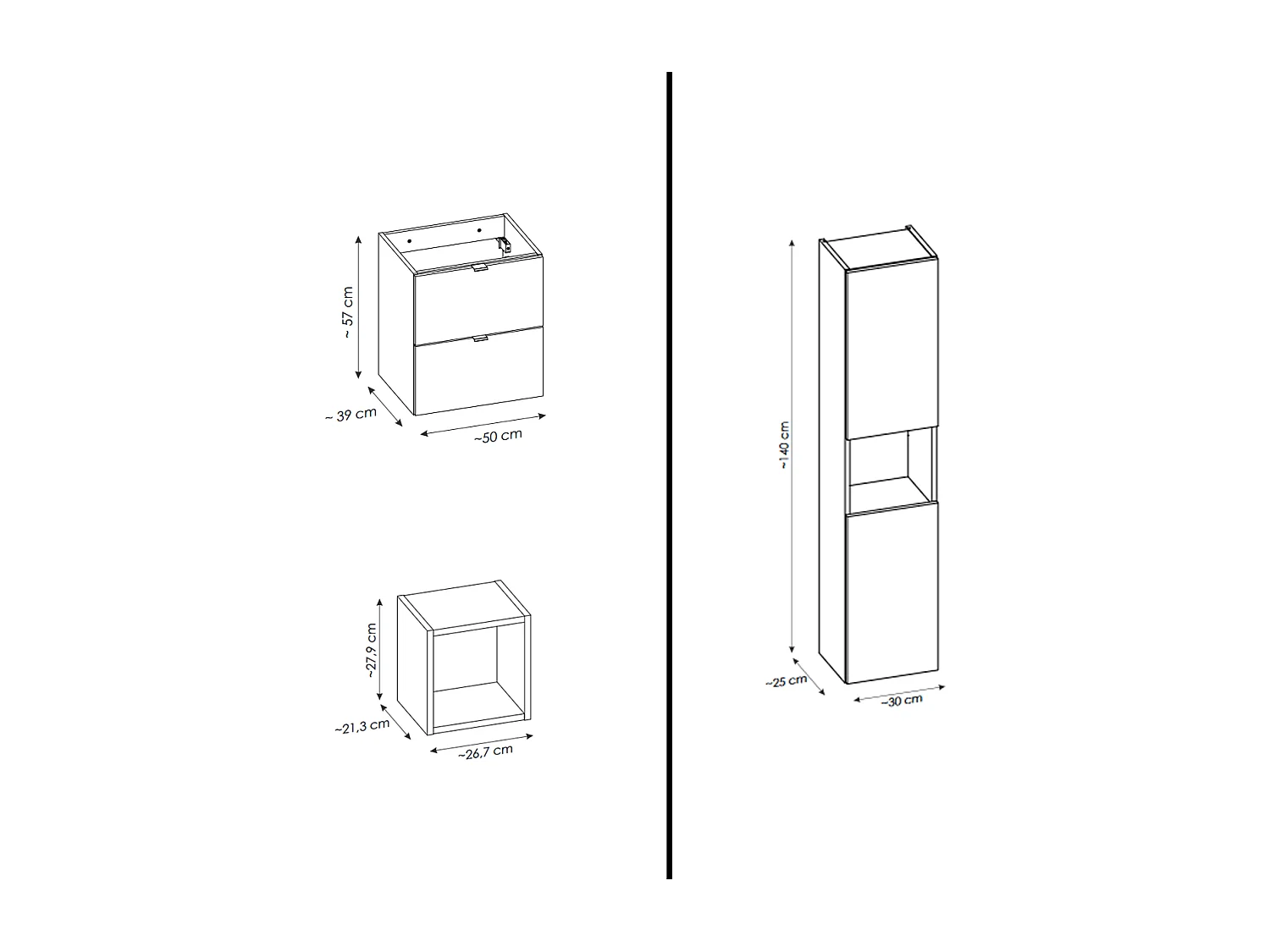 Ensemble de meuble de salle de bain - 60 cm - Noir/Oak - avec vasque à poser - avec plan - avec colonne - 2 tiroirs - VOLTA Oak