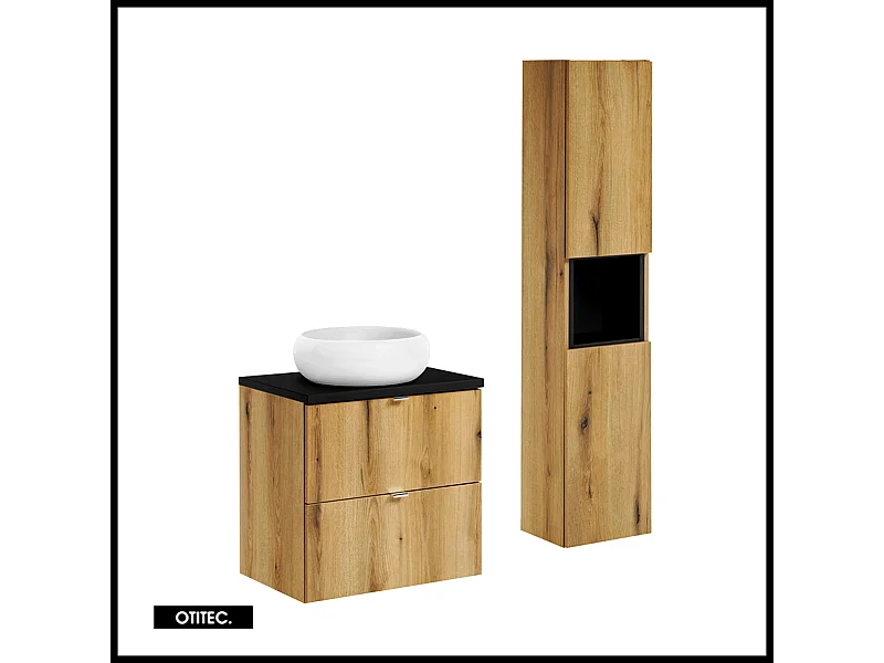 Ensemble de meuble de salle de bain - 60 cm - Noir/Oak - avec vasque à poser - avec plan - avec colonne - 2 tiroirs - VOLTA Oak