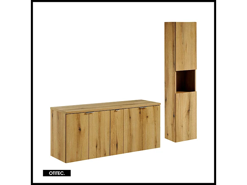 Ensemble de meuble de salle de bain - 140 cm - Oak - avec plan - avec colonne - 4 portes - VOLTA Oak