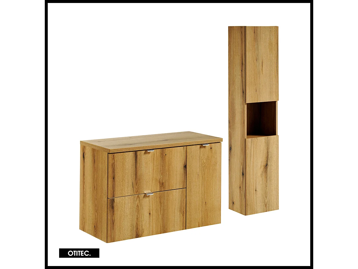 Ensemble de meuble de salle de bain - 90 cm - Oak - avec plan - avec colonne - 2 tiroirs - VOLTA Oak