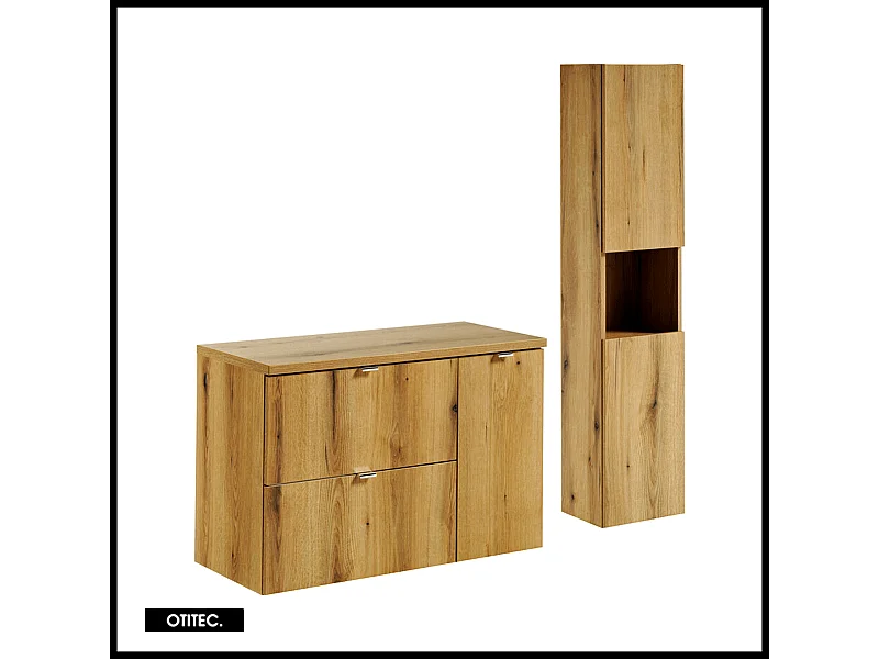 Ensemble de meuble de salle de bain - 90 cm - Oak - avec plan - avec colonne - 2 tiroirs - VOLTA Oak