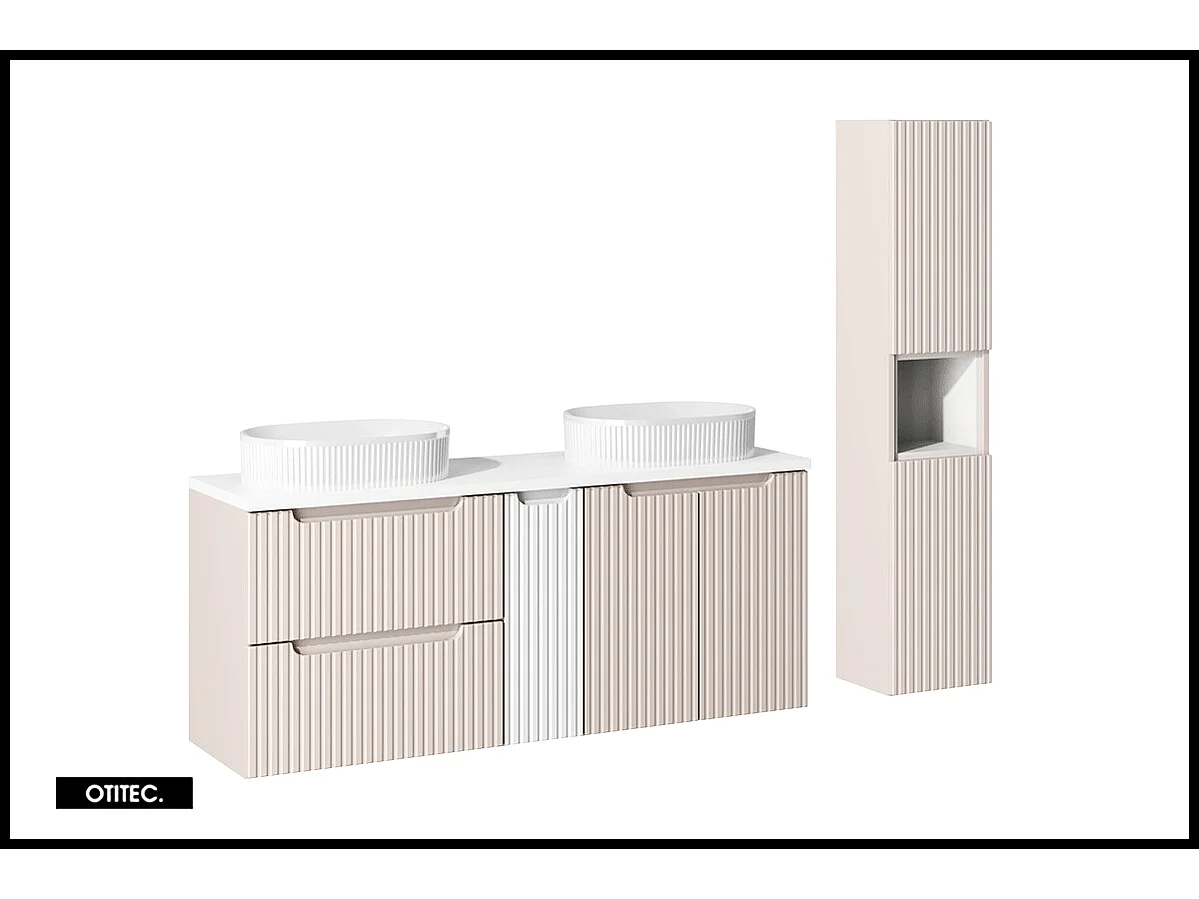 Meuble sous vasque de 140 cm - avec 2 vasques à poser - avec plan - Cachemire Mat/Blanc - 2 portes/tiroirs - VOLTA CASHMERE