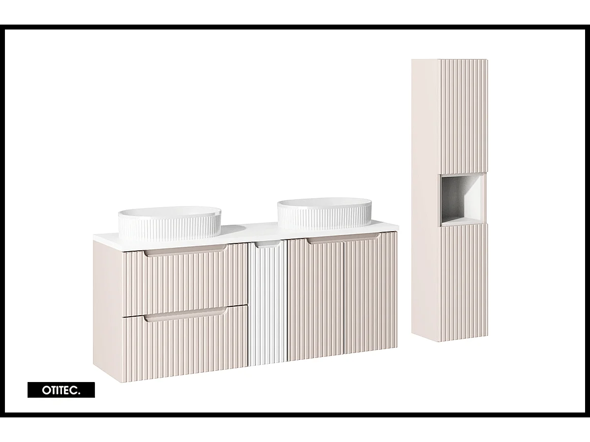 Meuble sous vasque de 140 cm - avec 2 vasques à poser - avec plan - Cachemire Mat/Blanc - 2 portes/tiroirs - VOLTA CASHMERE