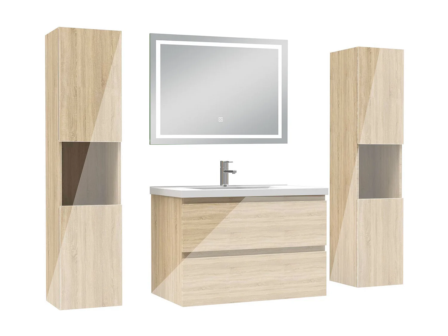 AICA Ensemble meubles salle de bain chêne 80cm avec vasque+miroir lumineux LED+double colonne