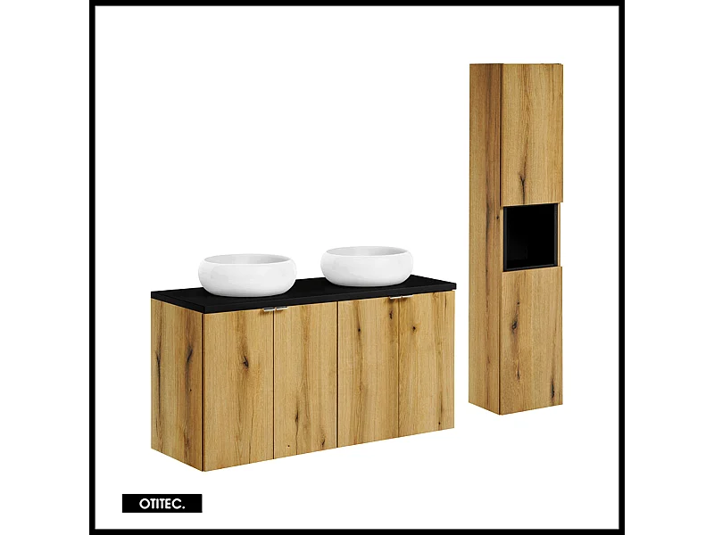 Ensemble de meuble de salle de bain - 120 cm - Noir/Oak - avec vasque à poser - avec plan - avec colonne - 4 portes - VOLTA Oak