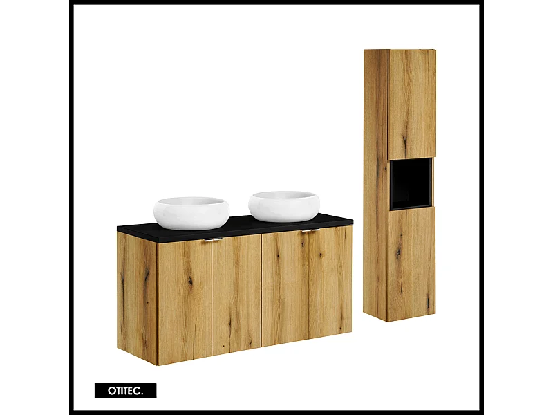 Ensemble de meuble de salle de bain - 120 cm - Noir/Oak - avec vasque à poser - avec plan - avec colonne - 4 portes - VOLTA Oak