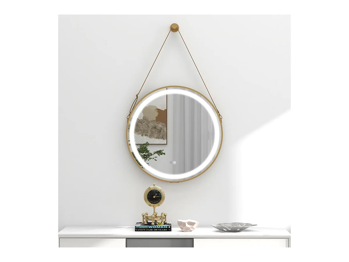 Miroir Mural de Salle de Bain Miroir Circulaire 60 x 60 cm avec Sangle de Suspension Lumière LED 3 Couleurs Fonction Mémoire, Argent